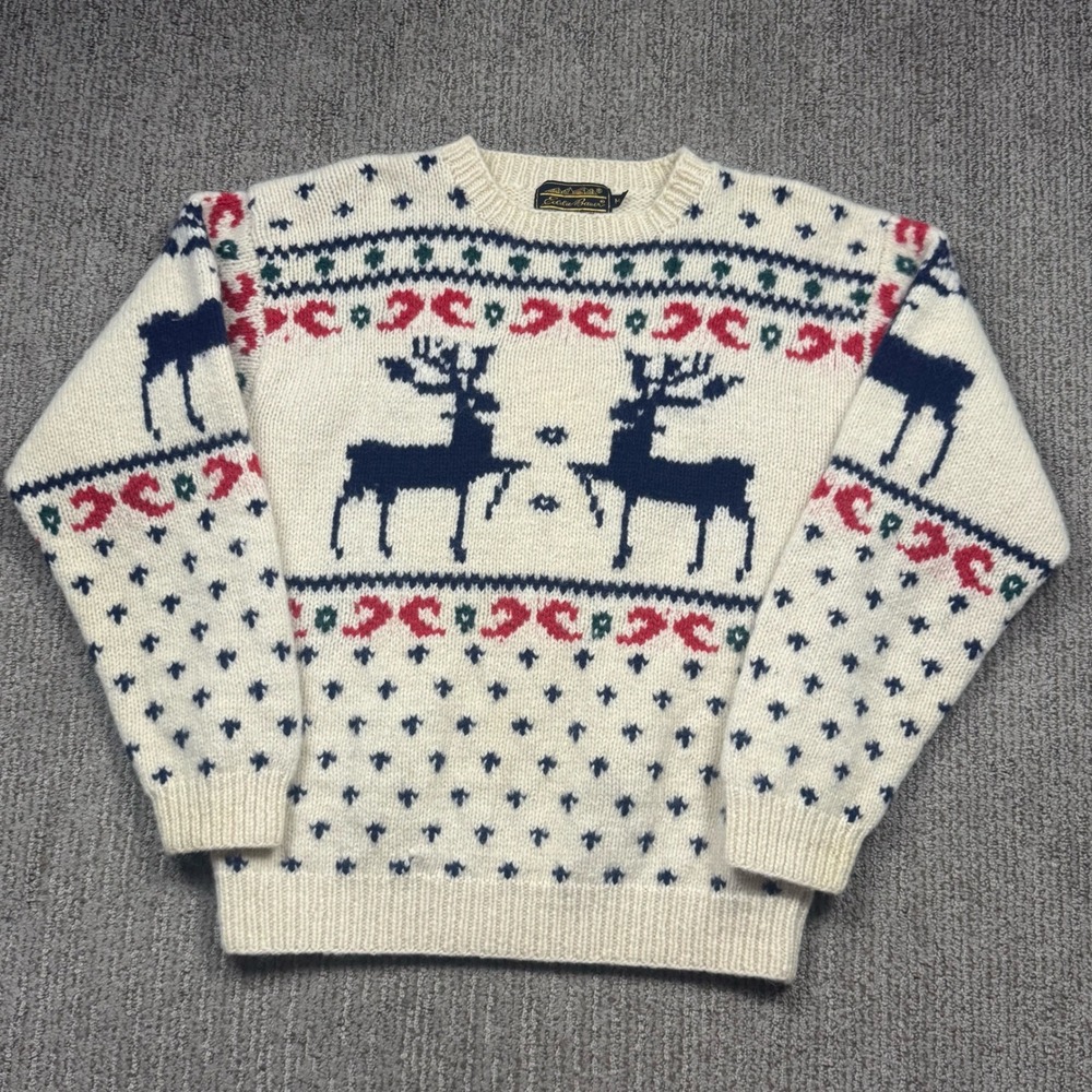 VTG Eddie Bauer Wool Reindeer Nordic Knit Wool Sweater Womens M Crew Neck Ivory